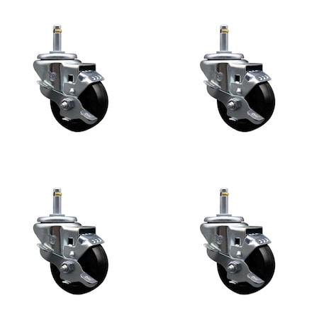 Service Caster 3'' Hard Rubber Wheel Swivel 7/16'' Grip Ring Stem Caster Set with Brake, 4PK SCC-GR20S314-HRS-TLB-716138-4